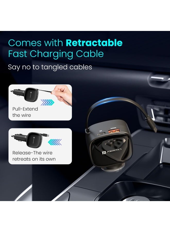 بورترونيكس Portronics Car Power Retracto 84W 3 in 1 Car Charger, 80 cm Retractable Cable (33W Type-C PD), Dual Port (18W USB Type-A & 33W Type-C) for Laptop, Android, iPhone, Earbuds and More (Black) - Image 4